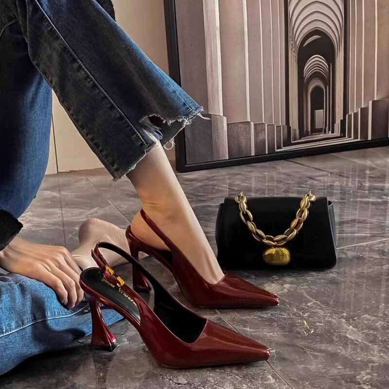 34-42 Plus Size Designer Shoe burgundy pumps Small Pointed Toe Chunky Black Shoes for Women Shallow Mouth Buckle Sexy French High Heel Sandals