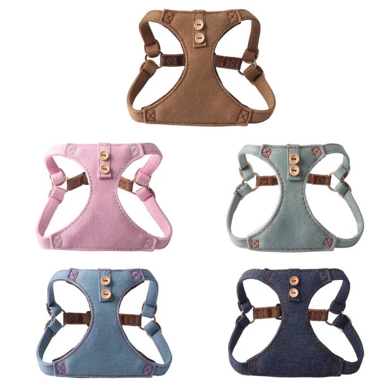 Cotton Denim Dog Harness Pet Leash Set Adjustable Breathable Chest Harness with Decorative Snaps for Small Breeds C251031