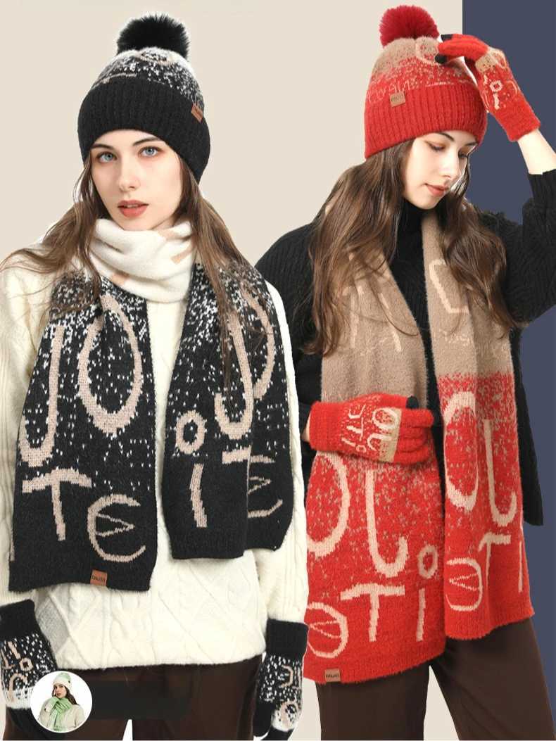 3pcs Winter Knitted Scarf Gloves for Women Fleece Lined Hat Set Comfortable Soft Casual Warm Red Glove Set Outdoor Windproof Set C251031