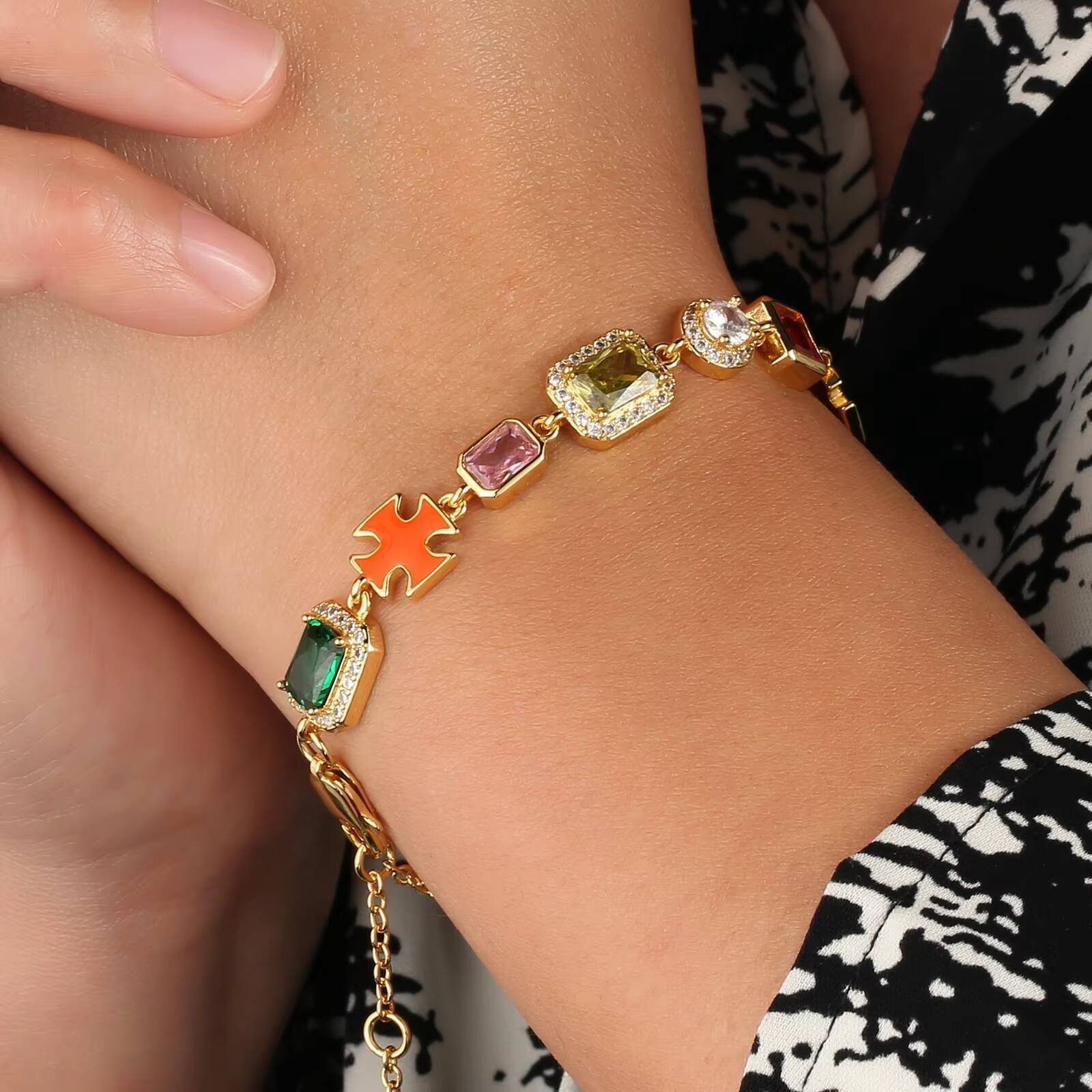 Luxury Jewelry Puzzle Iced Out CZ Diamond Link Chain 18K Gold Plated Men Hip Hop Women Colorful Cubic Zirconia Gemstone Necklace