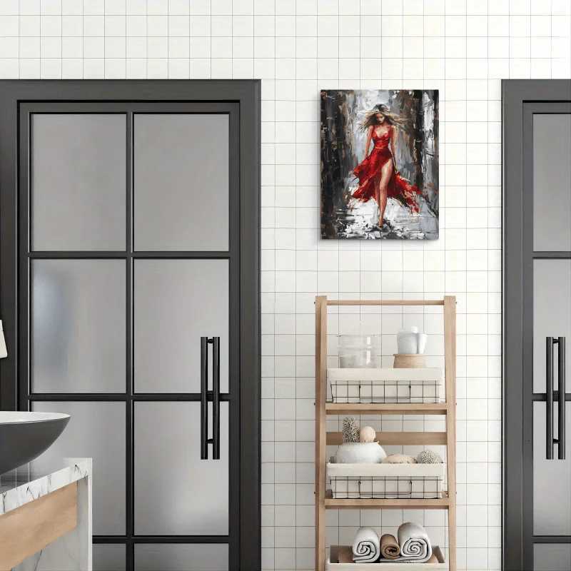 1pc Wooden Framed Canvas Oil Painting Elegant Woman in Red Dressroom or Wall Decor Office Artwork Vibrant Wall Art C251031