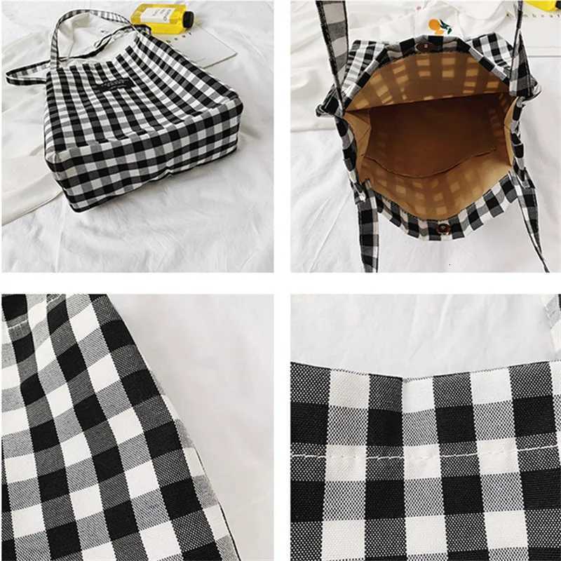 Fashion Simple Women Canvas Handbag Plaid Shoulder Bag Female Wild Black And White Check Tote Bag Campus Style Student Books Bag W251031
