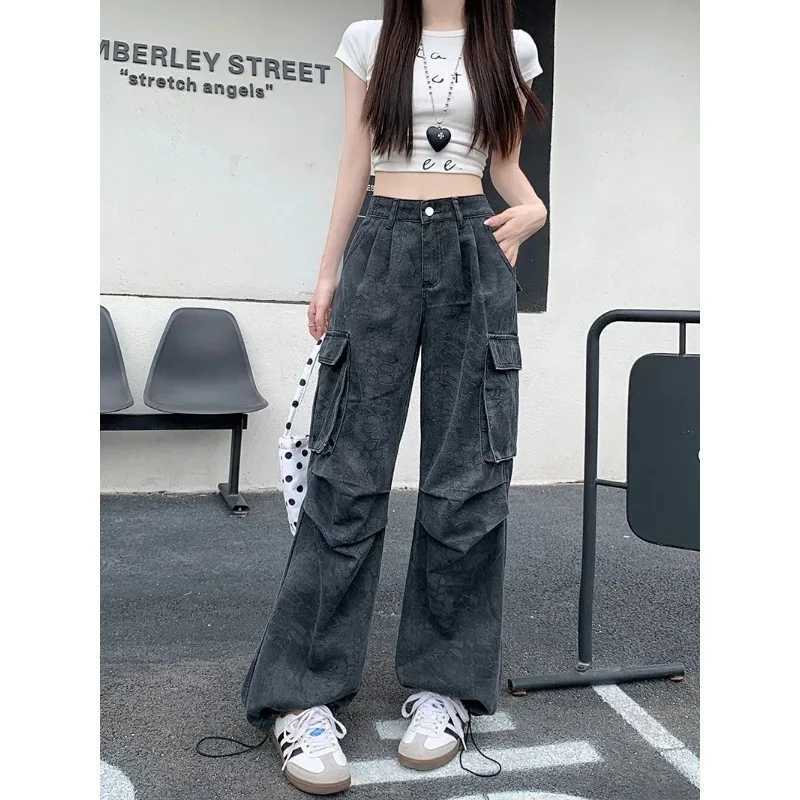 Womens Jeans Cargo Loose Fit Multiple Pockets Autumn Winter Streetwear American Retro Faded Camouflage Print Wide Leg Pants J251031