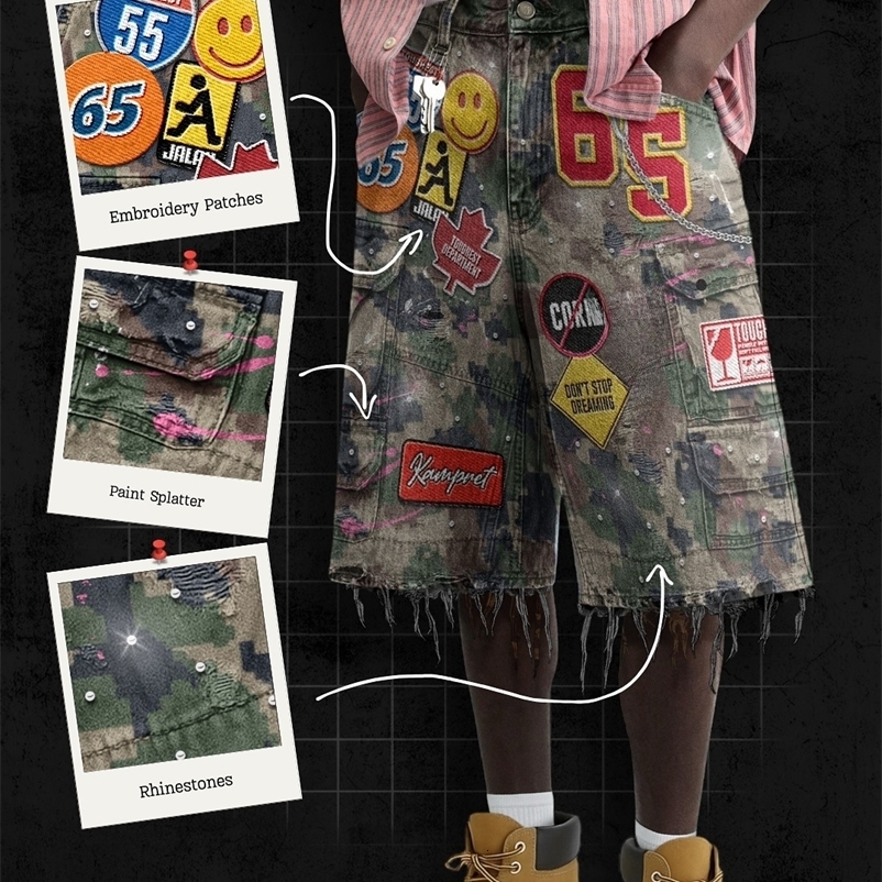 Retro Blue Streetwear Patchwork Denim Short Y2K Jeans Men Women Hip Hop Cartoon Graphics Loose Camo Denim Fitness Casual Shorts 251030