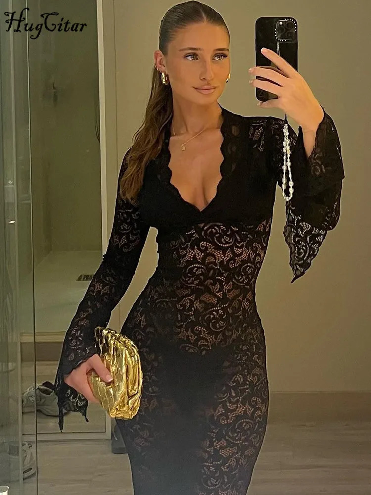 Hugcitar Mesh Floral Print V Neck Long Flare Sleeve Sexy See Through Maxi Dress Spring Women Fashion Clothes Beach Vacation Club 251028