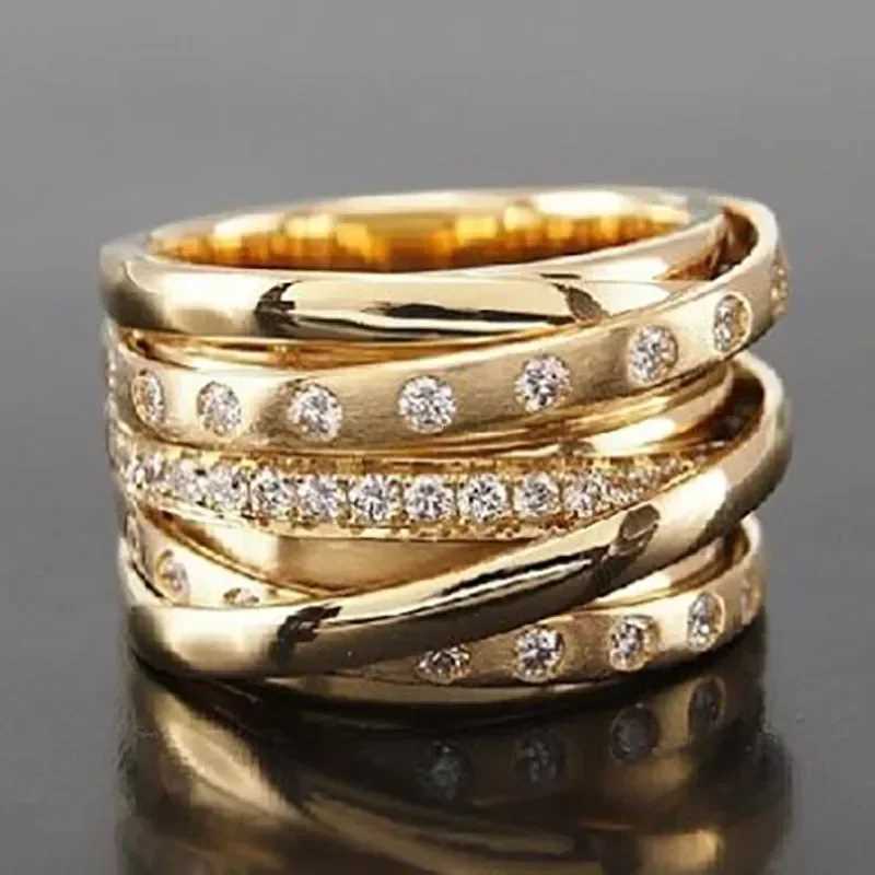 Popular Gold Color Multilayer Winding Inlaid Crystal Rhinestone Zircon Female Metal Ring for Women Party Jewelry AccessoriesXJ251031