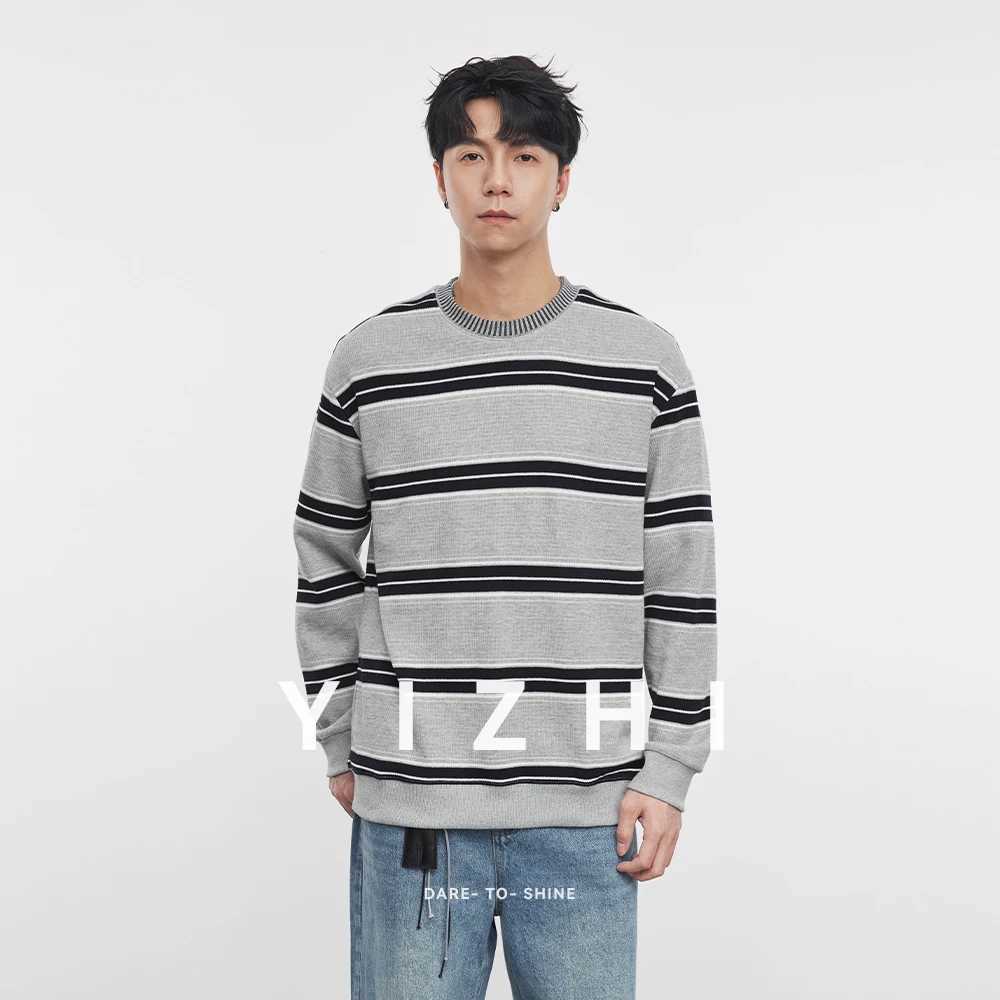 Fashion Mens Heavy Round Neck Striped Long Sleeve Sweatshirt 2025 Autumn and Winter Casual Loose Long Sleeve Top Mens Pullover J251021