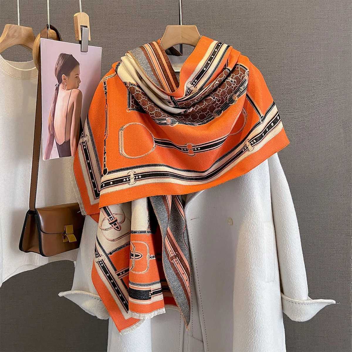 Winter Cashmere Scarf Women Luxury Chain Print Female Shawl Wrap Elegant Poncho Lady Thick Warm Blanket Gift Echarpe C251031