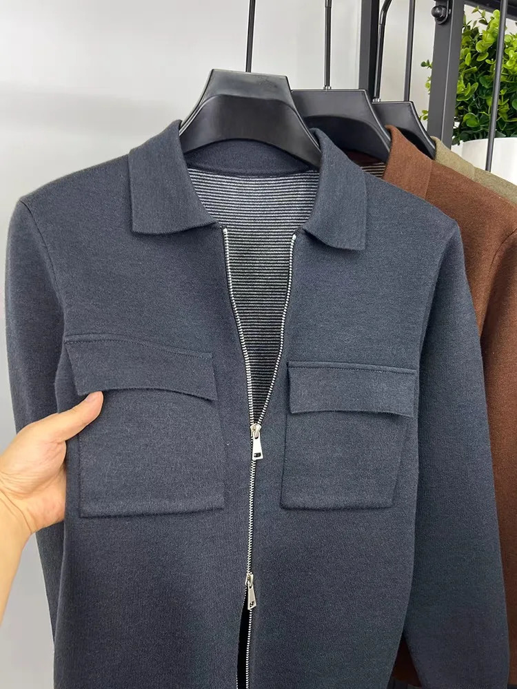 Premium Zipper Collar Wool Cardigan Mens Casual Coat AutumnWinter y Pocket n Solid Color Warm Sweater Jacket 251029