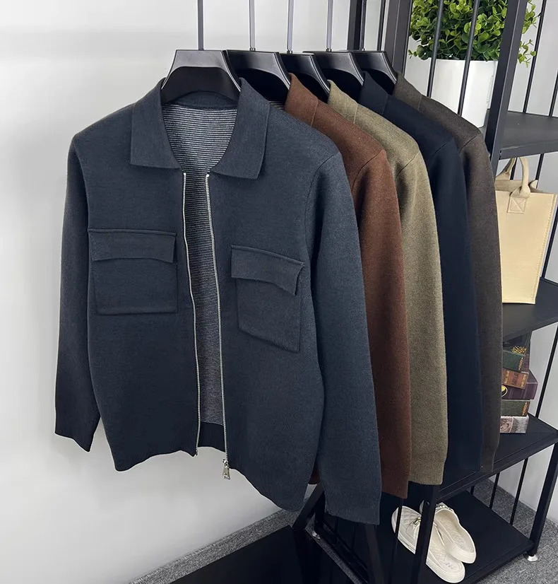 Premium Zipper Collar Wool Cardigan Mens Casual Coat AutumnWinter y Pocket n Solid Color Warm Sweater Jacket 251029