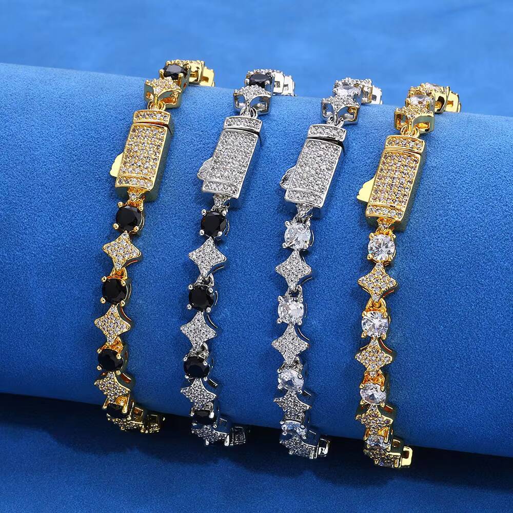 High Quality Round CZ Diamond Gold Silver Star Shape Tennis Chain Bracelet for Women Bling Hip Hop Fine Jewelry