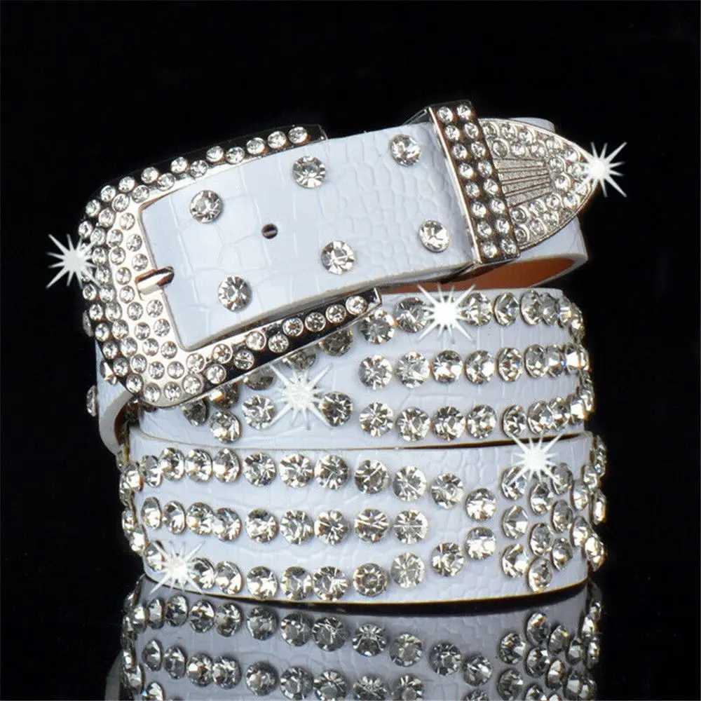 Women Rhinestone Belt Leather Bling Crystal Cowgirl Studded Glitter WaistbandW251030