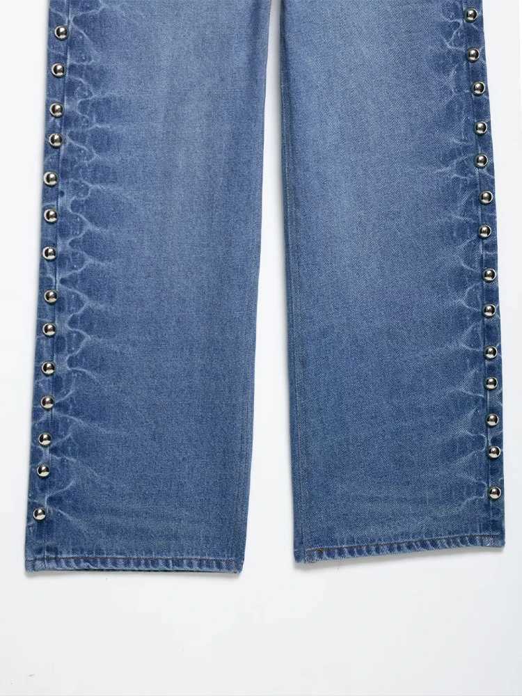European and American style 2025 summer new womens clothing allmatch straight metal rivet decorated jeans trousers J251031