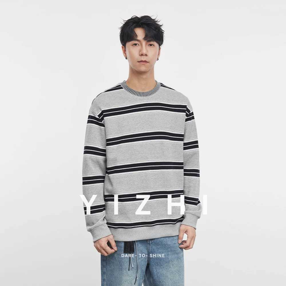 Fashion Mens Heavy Round Neck Striped Long Sleeve Sweatshirt 2025 Autumn and Winter Casual Loose Long Sleeve Top Mens Pullover J251021