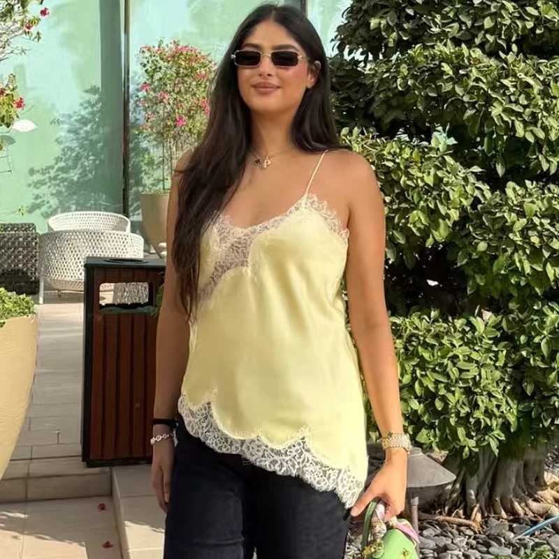 HXAO 2025 Woman Asymmetrical Slip Top Women Sexy Black Yellow Blue Top Lace Tanks Camis Chic Y2K Slveless Backless Camisole C251031