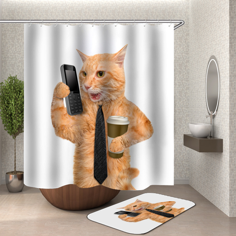 YL-37596 3D Digital Shower Curtain for Kitty Bathing, Bathroom Dry and Wet Separation, Polyester with Hooks, Isolation Curtain