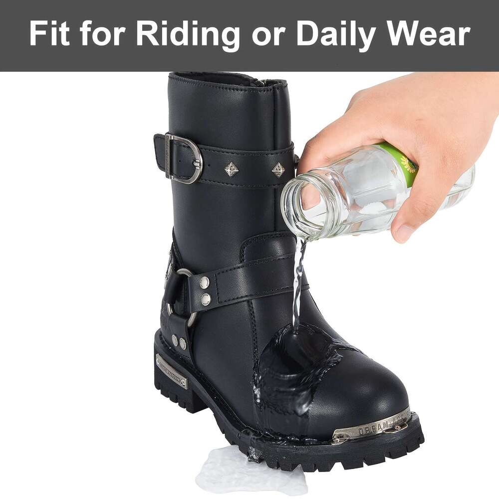 Women's PU Leather Harness Motorcycle For Riding, Waterproof Studded Biker Boots With Side Zipper & Buckle, Black Engineer Combat Mid-Calf Footwe
