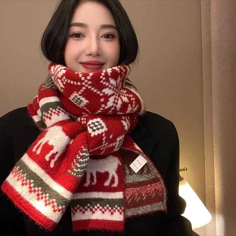 Red Knitted Scarf with Christmas Tree and Reindeer Pattern Warm Unisex Winter Scarf for Festive Atmosphere Holiday GiftingW251030
