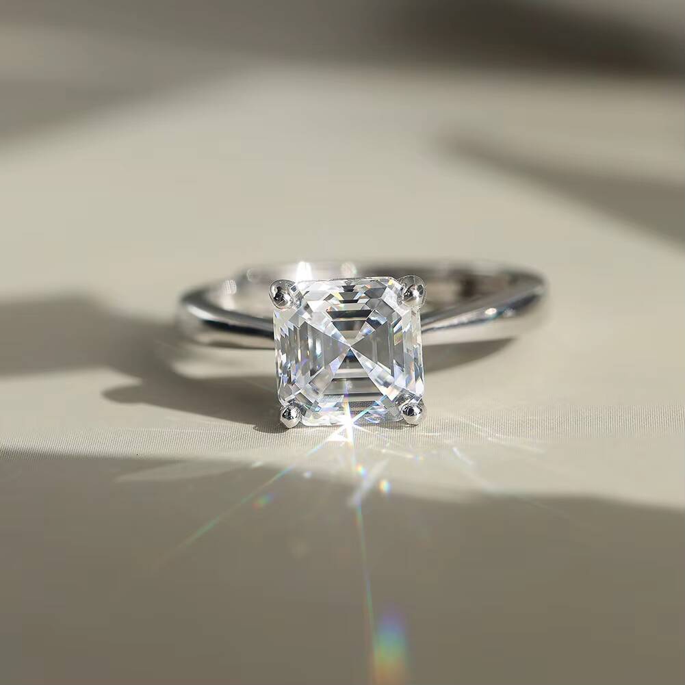 RINNTIN SMOR04 Fine Jewelry 925 Sterling Silver Moissnaite Square Cut Engagement Wedding Adjustable Ring with Certificate