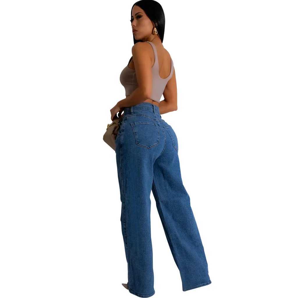 Jeans Women Long Pants Denim Wide Leg Pant Slim Fit Casual Y2k Streetwear Button Pocket High Waist Elegant Straight Trousers J251031
