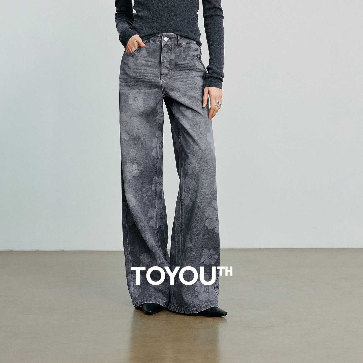 TOYOUTH Women WideLeg Pants 2025 Autumn NewAsymmetric Retro Cotton Printed Trousers J251031