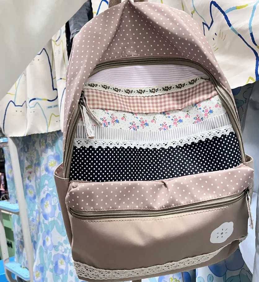 Japanese Vintage Y2k Aesthetic Backpack Sweet Cute Flower Print Schoolbags Women Patchwork Striped Plaid Backpacks for Students W251031