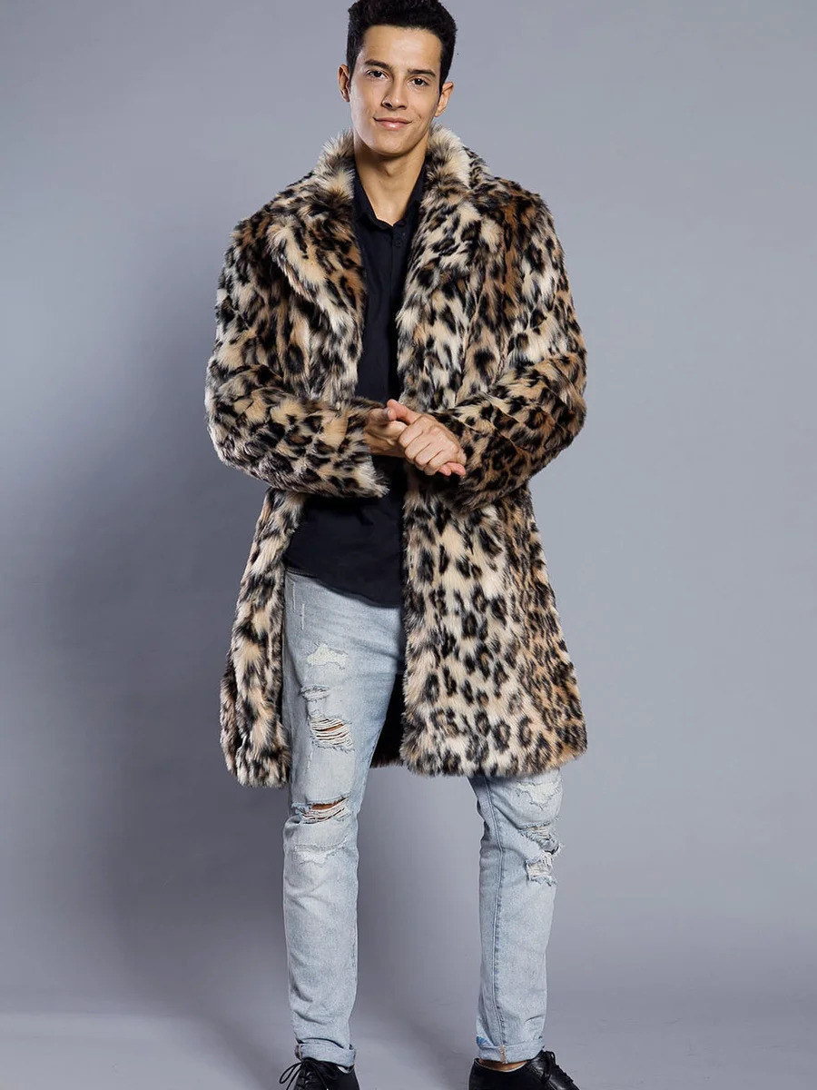 Autumn Winter Mens Faux Fur Large Lapel Long Jacket Overcoat Clothing Leopard Thick Coat 251018