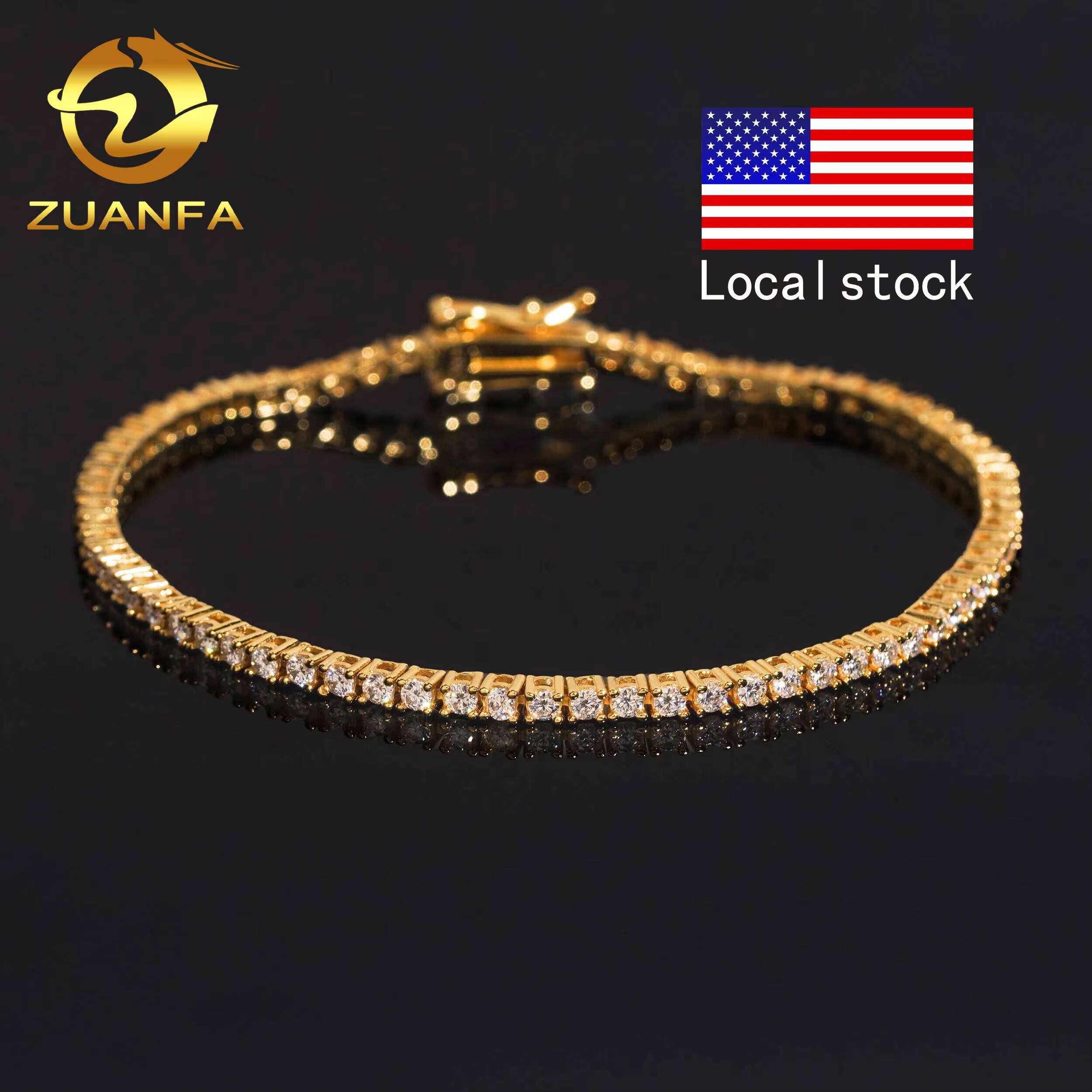 USA Local Stock Shipping Hip Hop Classical Factory Price Gold Plated 925 Sterling Silver 2mm Moissanite Diamond Tennis Bracelet