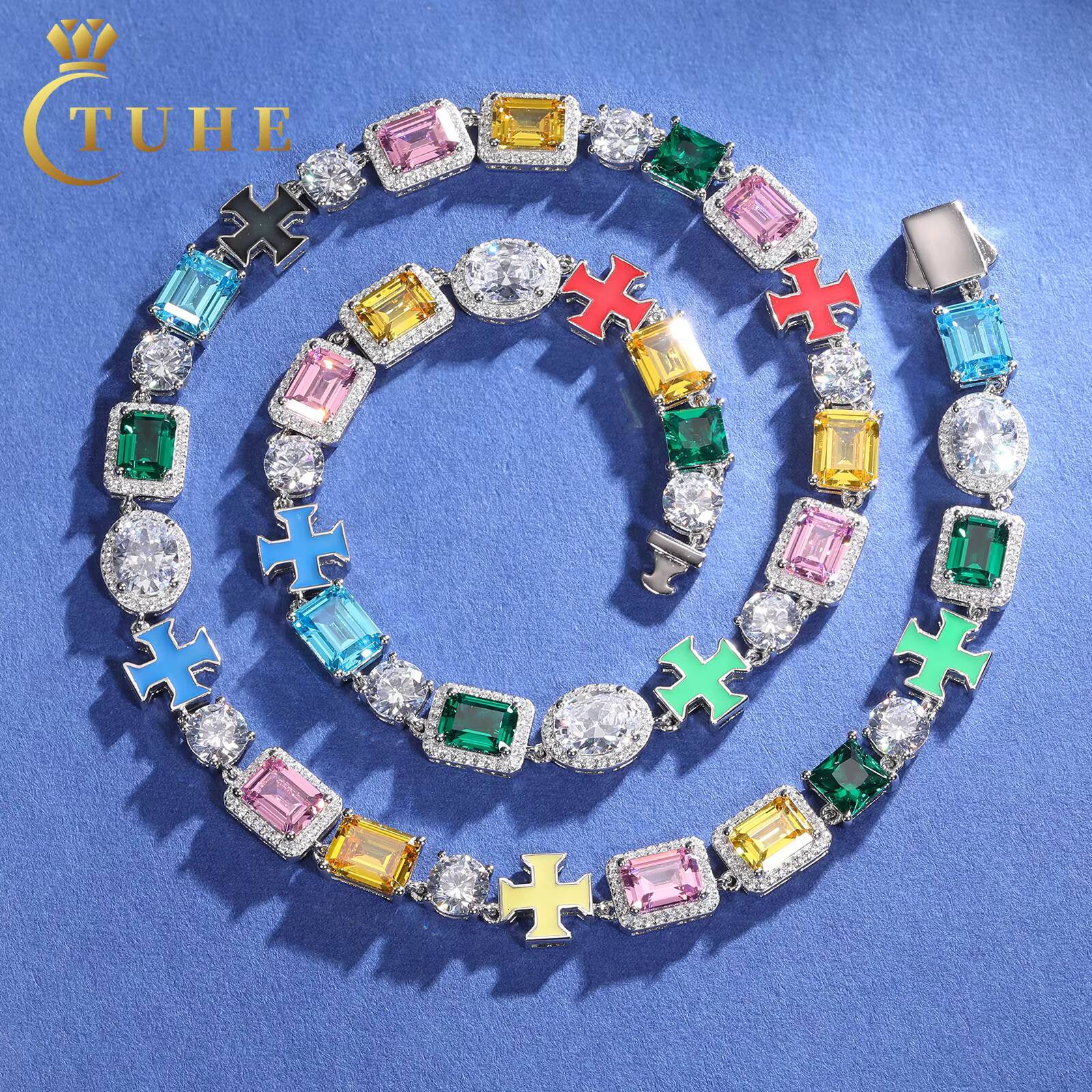 Fashion Jewelry 10mm 925 Sterling Silver White Moissanite Diamond Enamel Plated Cross Mix Colorful Zircon Link Chain for Party
