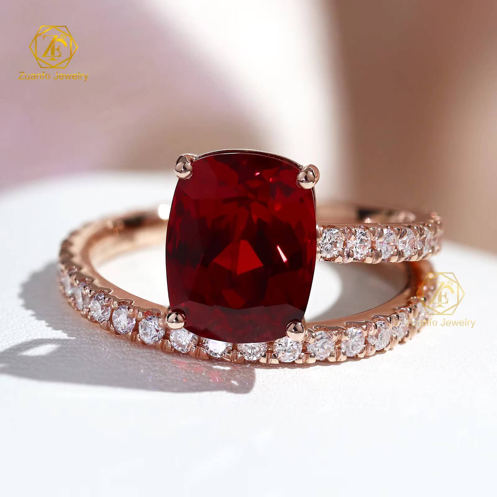 Luxury Custom 18K Solid Gold 3 CT 7x9mm Long Cushion Cut Lab Grown Ruby Wedding Engagement Ring for Women New Moissanite Rings