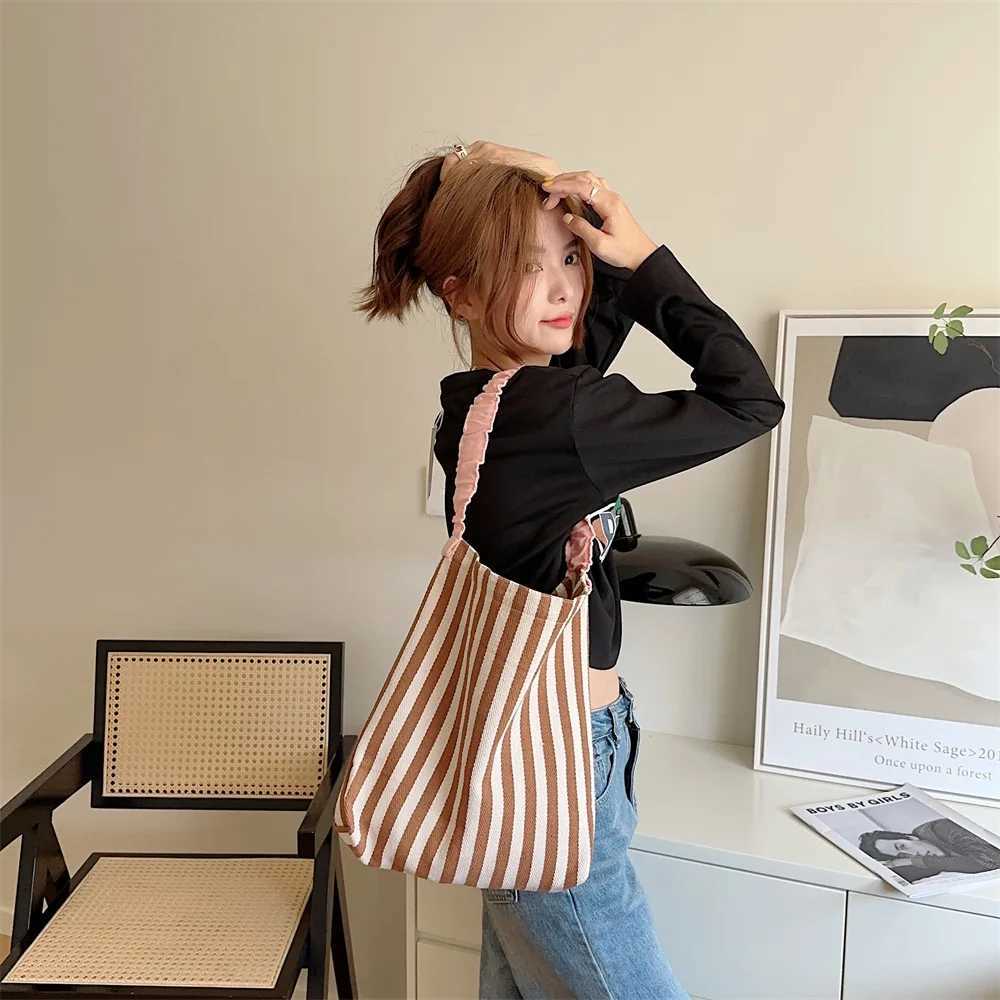 Contrast Color Womens Stripe Shoulder Bags Simple Canvas College Girls Book Tote Shopping Bag Casual Female Travel Handbags W251031