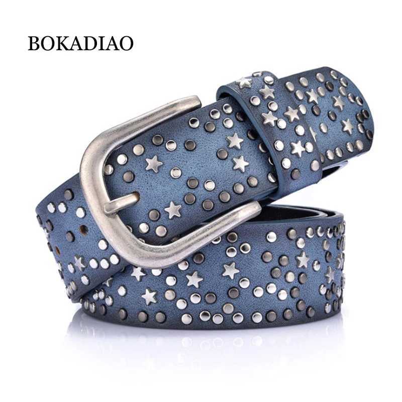 BOKADIAO Women Belt Punk Pin Buckle Vintage Geometry Rivets Luxury Ladys Leather Belts for Woman Waistband Female BeltW251030