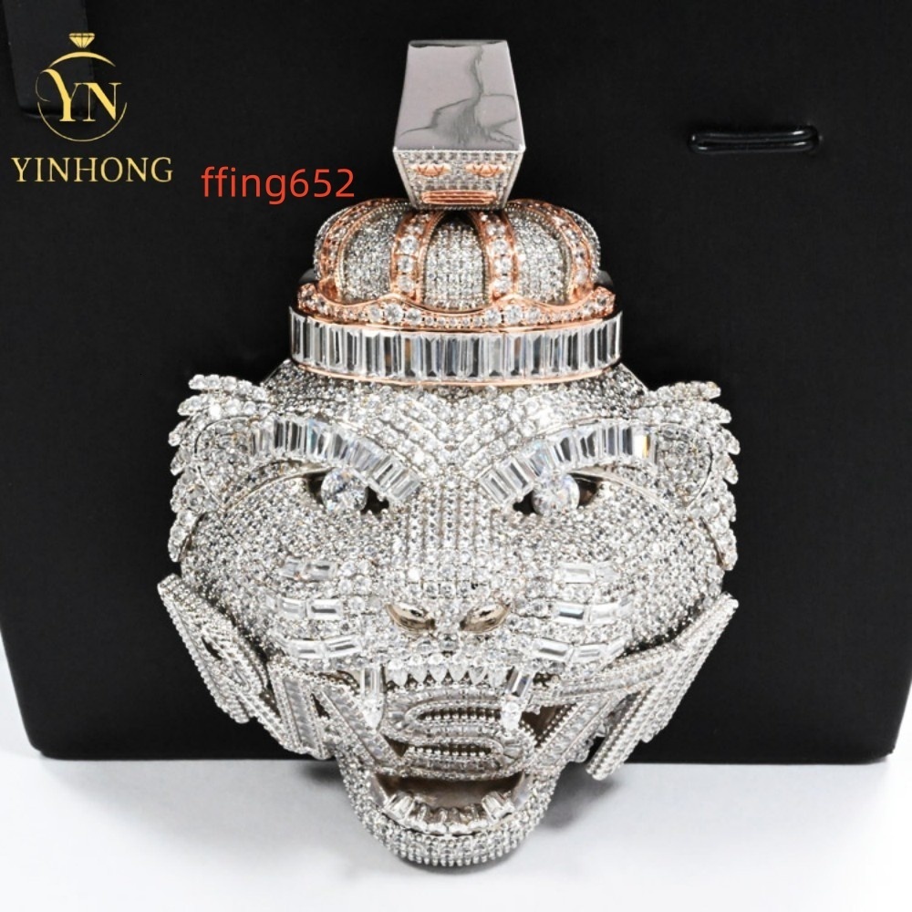Micro Pave Vvs Moissanite 3D Lion Head Pendant 925 Sterling Silver Vvs Moissanite Diamond Hip Hop Men Necklace