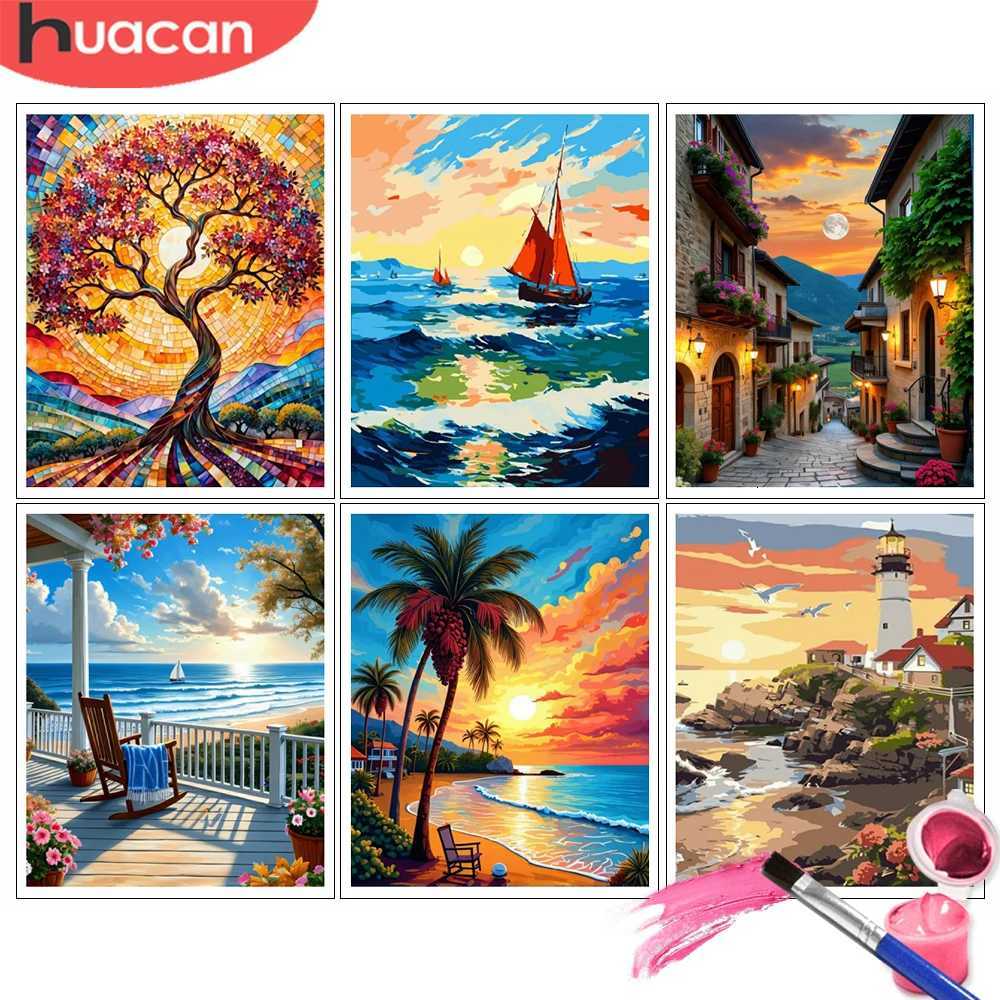 Painting By Number Kits Sunset Lighthouse Scene Seascape Coastal DIY Digital Oil Painting Landscape Coloring Artcraft Handpaint C251031