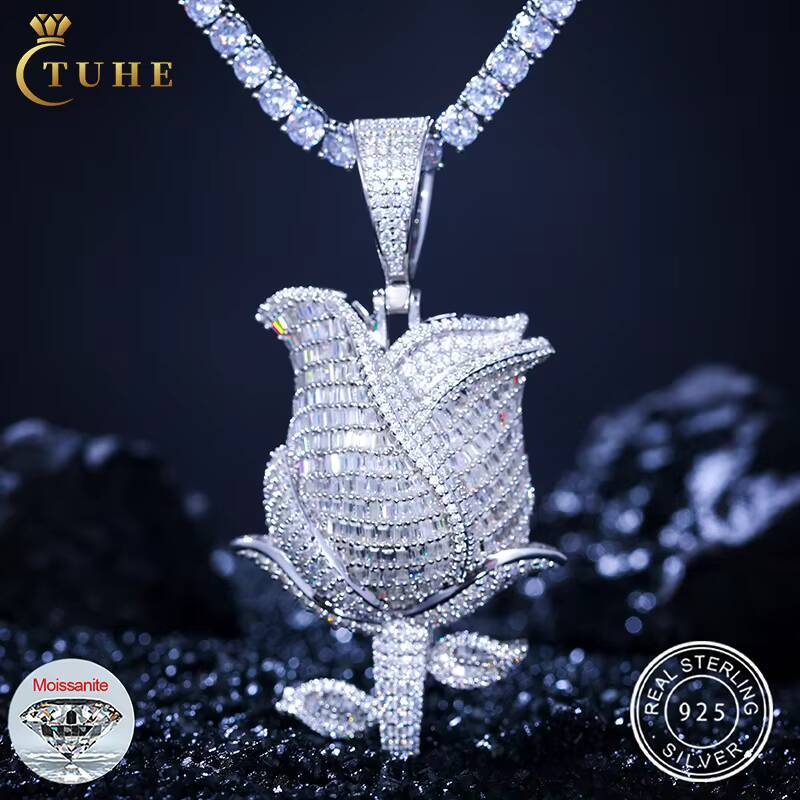Pass Diamond Tester VVS Baguette Moissanite Rose Pendant 925 Sterling Silver Lab Diamond Iced Out Hip Hop Jewelry Wholesale