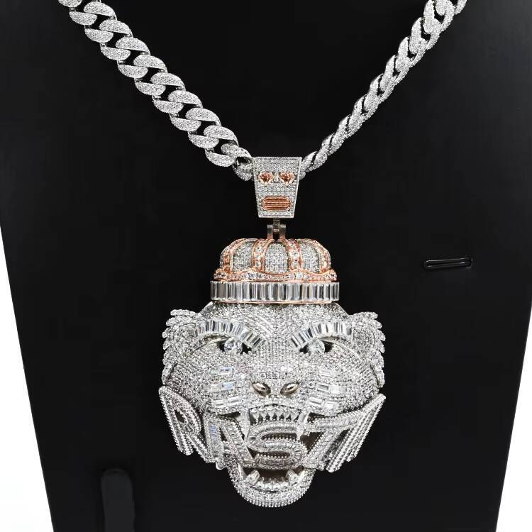 Micro Pave Vvs Moissanite 3D Lion Head Pendant 925 Sterling Silver Vvs Moissanite Diamond Hip Hop Men Necklace