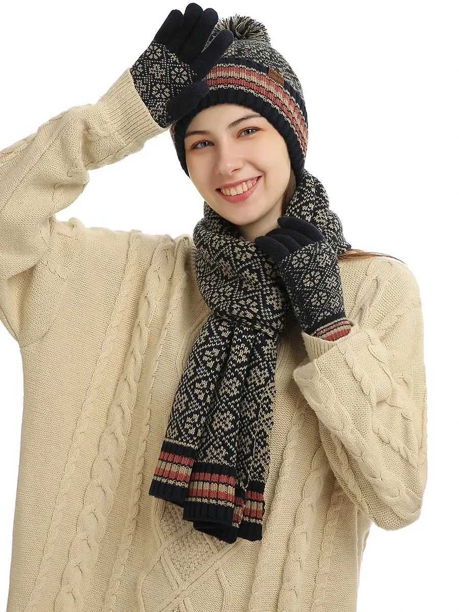 3pcs Winter Knitted Scarf Gloves for Women Fleece Lined Hat Set Comfortable Soft Casual Warm Red Glove Set Outdoor Windproof Set C251031
