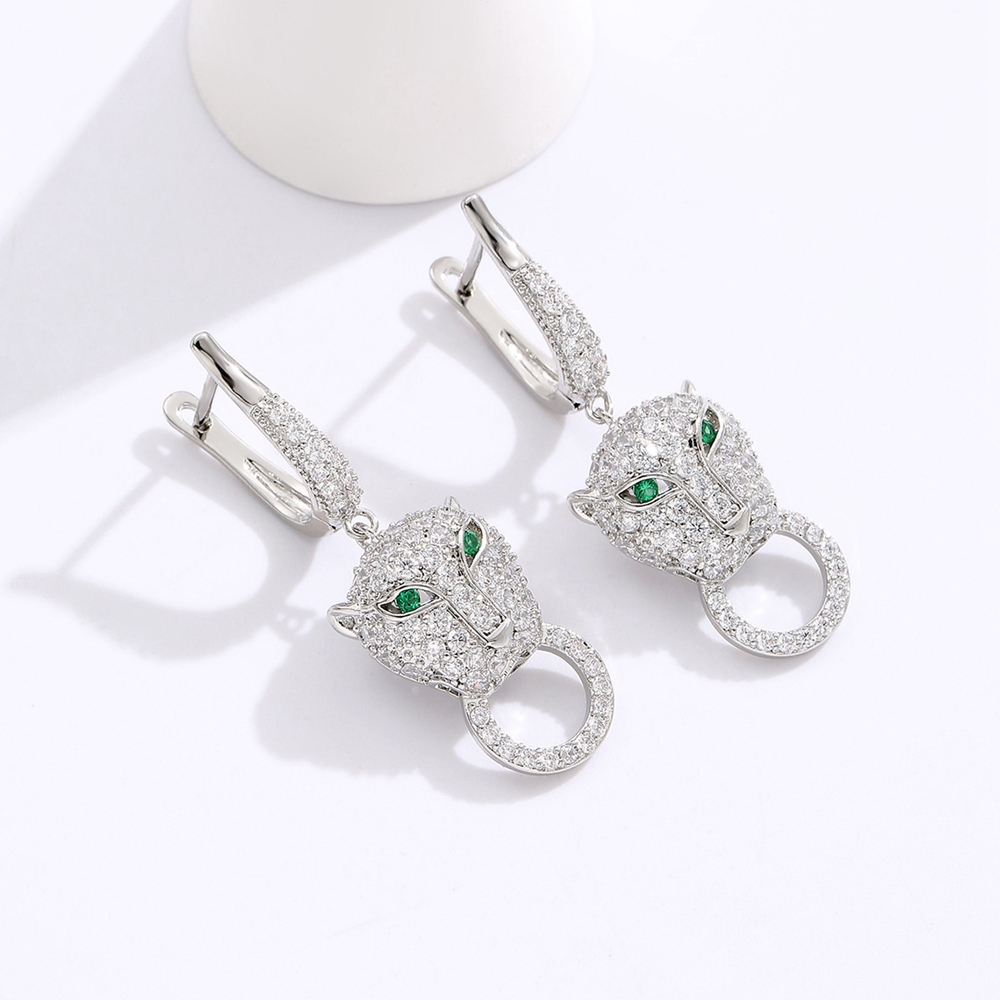 Earrings Fine Jewellery Green Eyes Leopard Animal Stud with Paved Cubic Zirconia Steel Needle for Party Wear Special Occasion Gift High Quality Textur