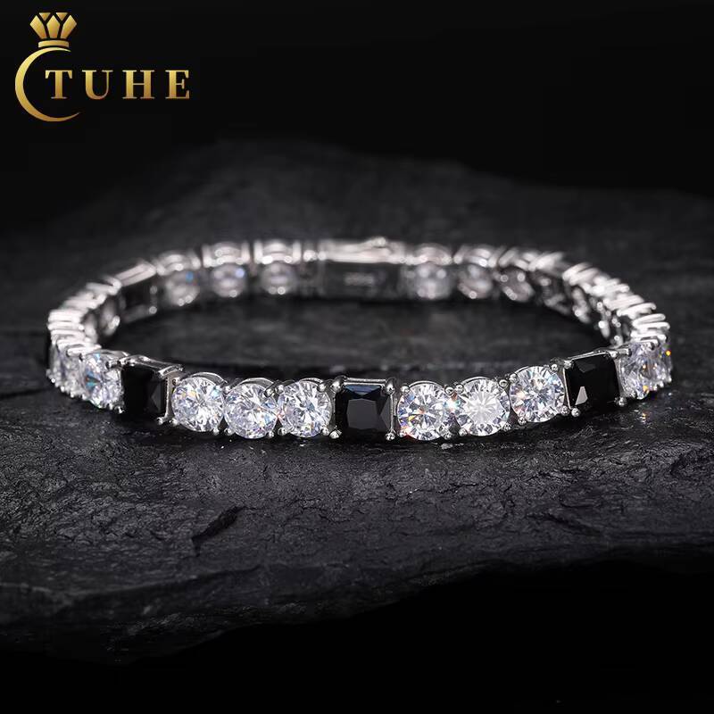 Gra Certificates Stock 6mm S925 White Gold Plated Hip Hop Jewelry D Color Black Moissanite Diamond Tennis Chain Bracelet Men