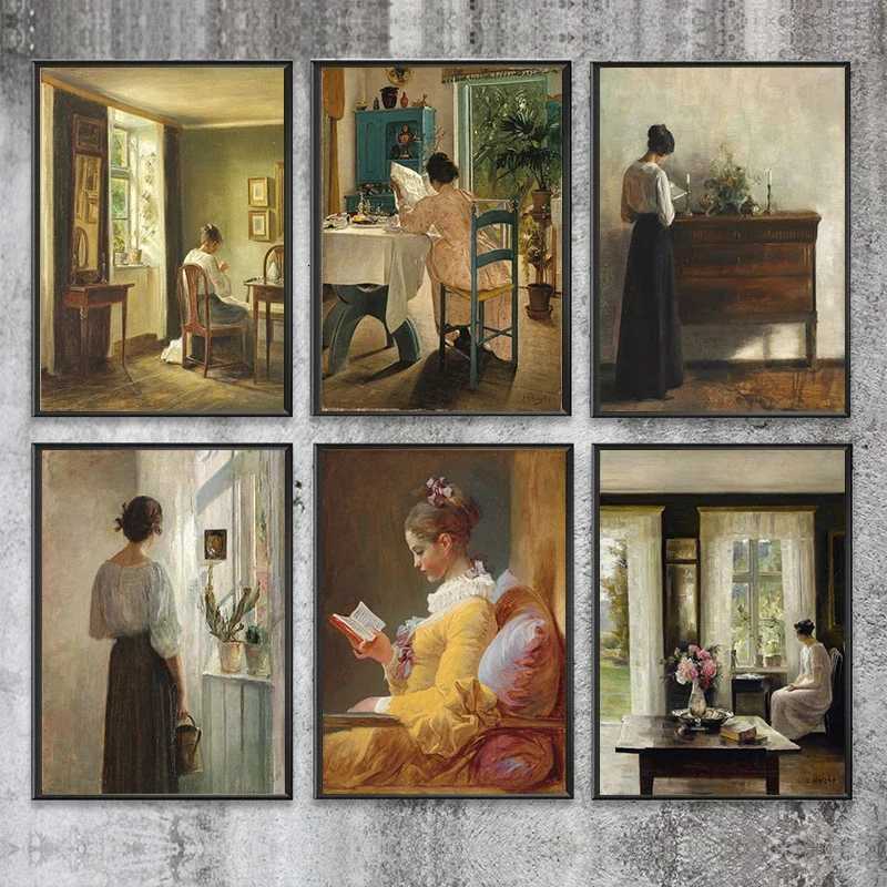 Woman Reading Antique Oil Painting on Canvas Posters Print Vintage Wall Art Pictures Victorian Ladies Gallery Art Home Decor C251031