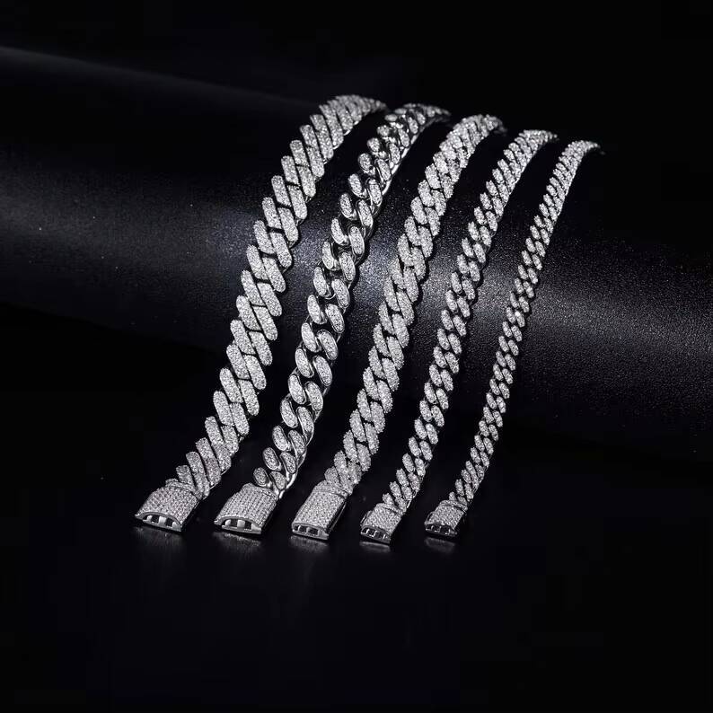 Wholesale 8mm14mm Moissanite Cuban Link Chain 925 Silver Rhodium Plated Hip Hop Moissanite Cuban Link Chain Wholesale