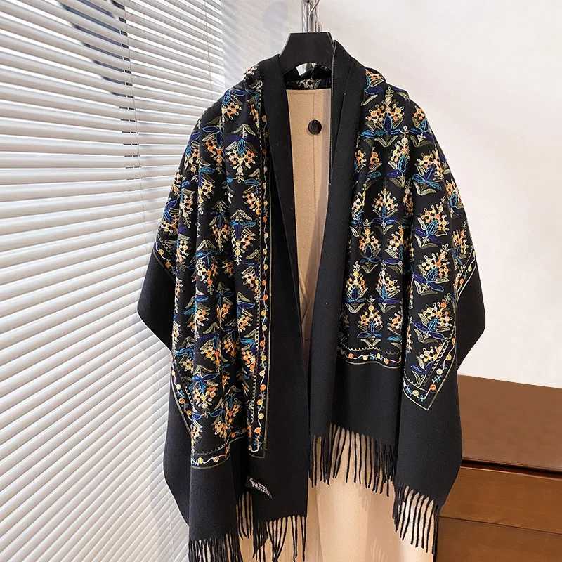 Winter Warm Cashmere Scarf for Women Floral Embroidery Blanket Thick Shawl Wrap Neckerchief Elegant Poncho Bufanda C251031