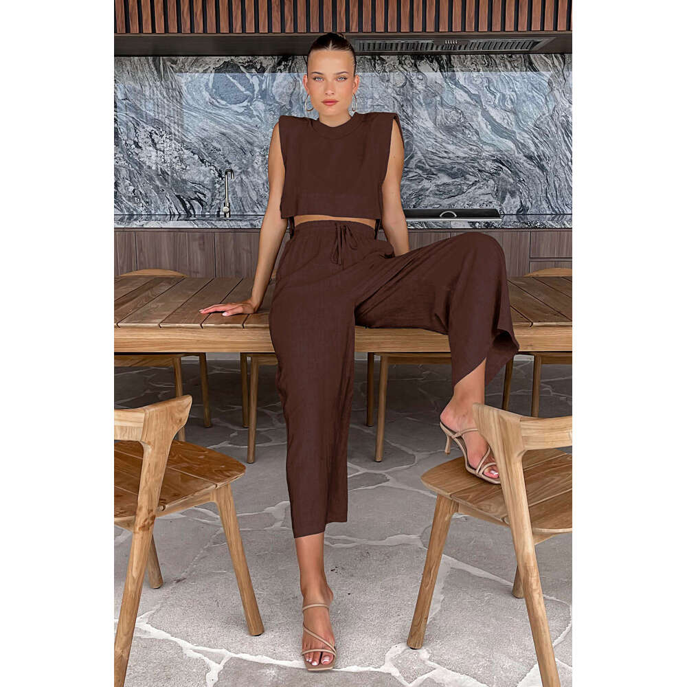 2025 Fashion Cotton Linen Suit Women's Summer Padded Shoulder Sleeveless Top Long Pants Two-Piece Set European And American Casual Women dc53