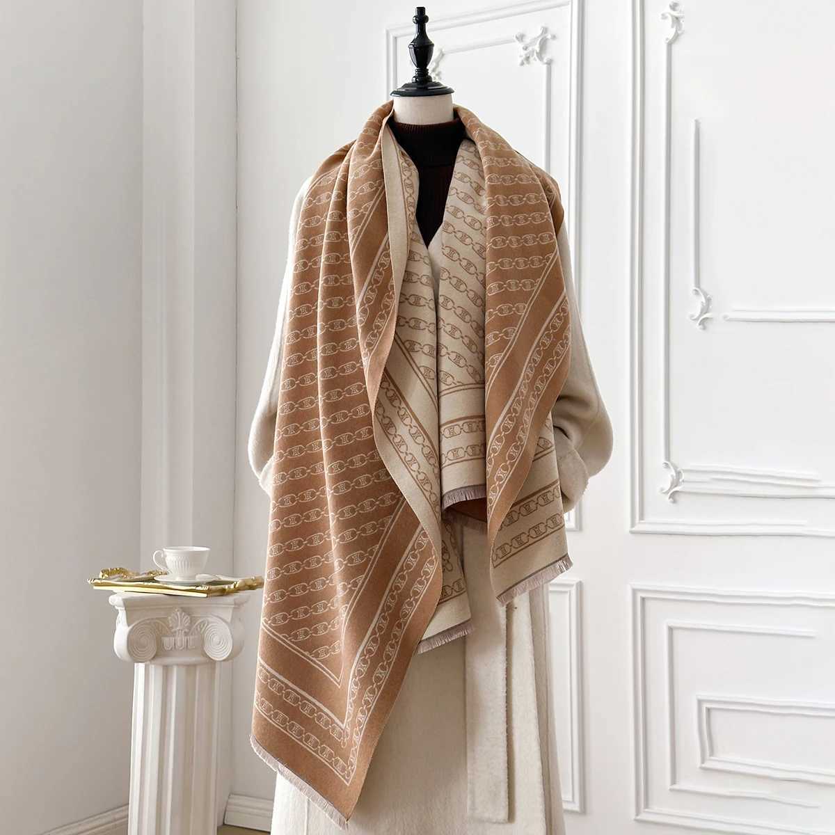 Womens Luxury Faux Cashmere Scarf Autumn Winter Warm Blanket Poncho Fashion Print Thick Shawl for Fashionable Coverage C251031