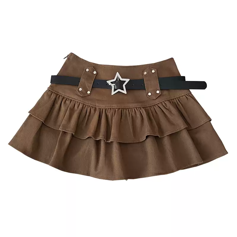 Women's Double-Layer Mini Skirt with Star Belt, High-Waisted Short Skirt, Slimming & Heightening, Y2K Style Ruffled Skirt for Women-NO06