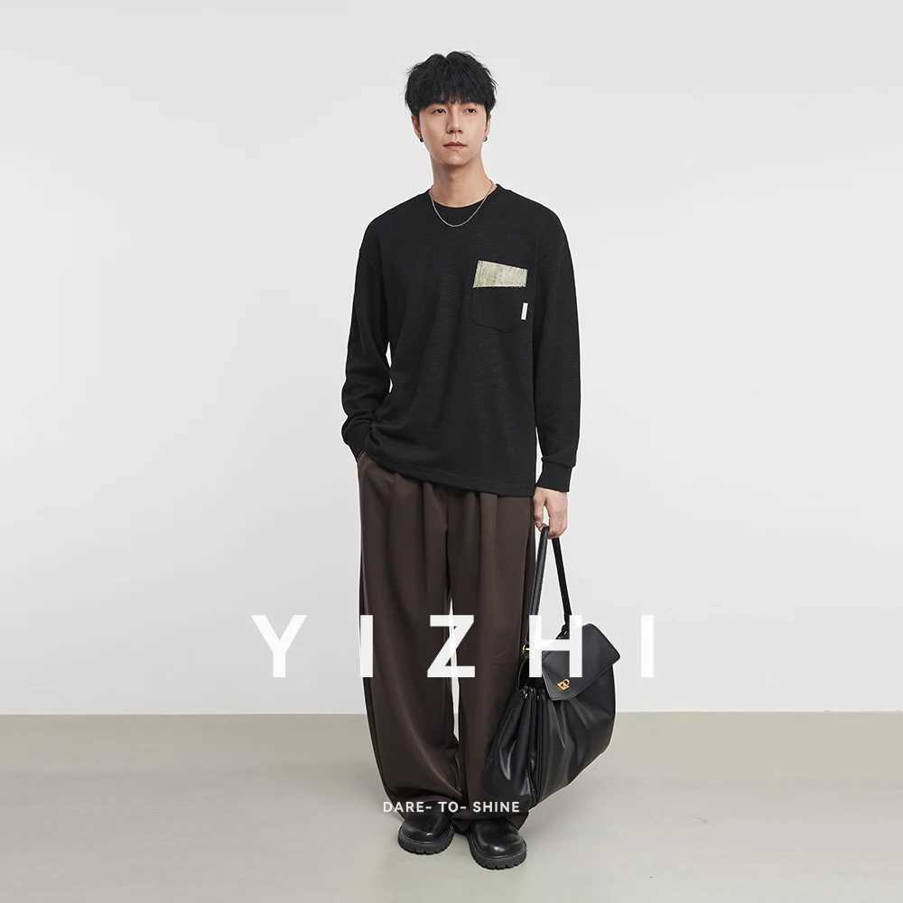 Fashion Mens Pocket Contrast Color Round Neck Sweatshirt 2025 Autumn New Loose Versatile Long Sleeve Top Pullover J251021