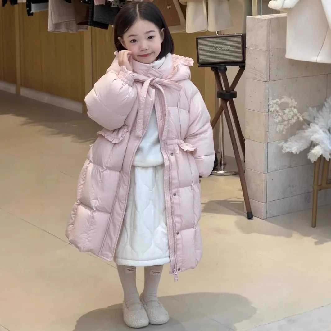 Winter Warm Girls Cute Lace Design Long Plain Hooded Zip Puffer Jackets School Kid Thick Coat Children Windbreaker Outfit 314Yr L251009