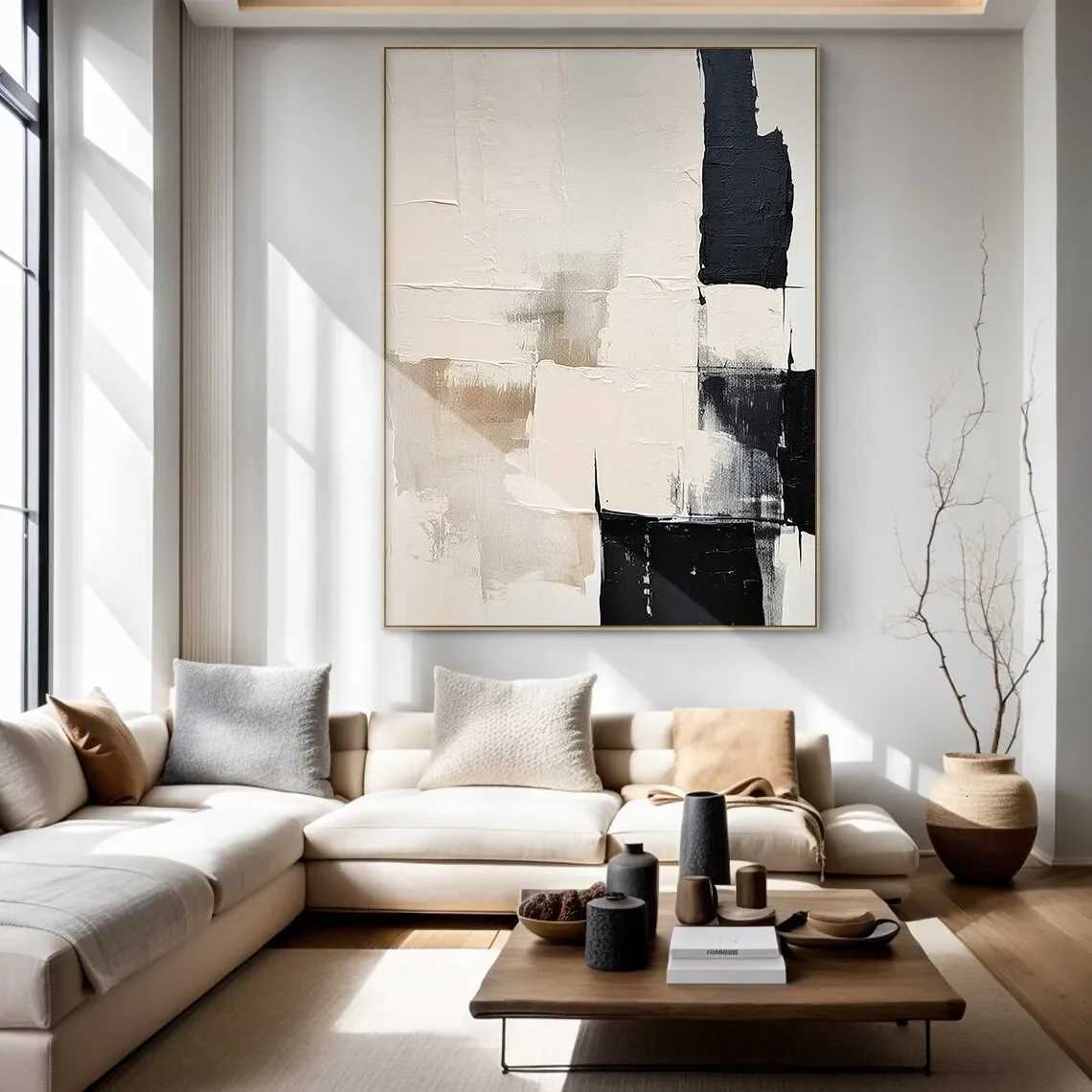 Large Canvas Black Beige Abstract Hand Painted Painting Minimst Textured Wall Art Handmade Canvas Painting Living Room Decor C251031
