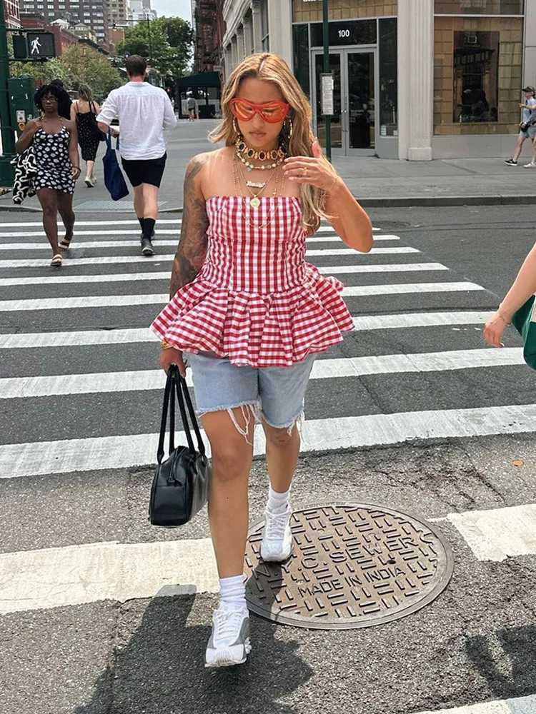 kliou Plaid Printed Women Tanks Hipster Classic Strapless Ruffle Pleated Fit Skinny Tops Female Spring New Strt Chest Vests C251031