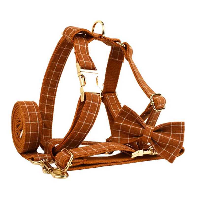 Custom Pet Leads Accessory XSXL Brown Plaid Dog Harness And Leash Set Puppy Collars C251031